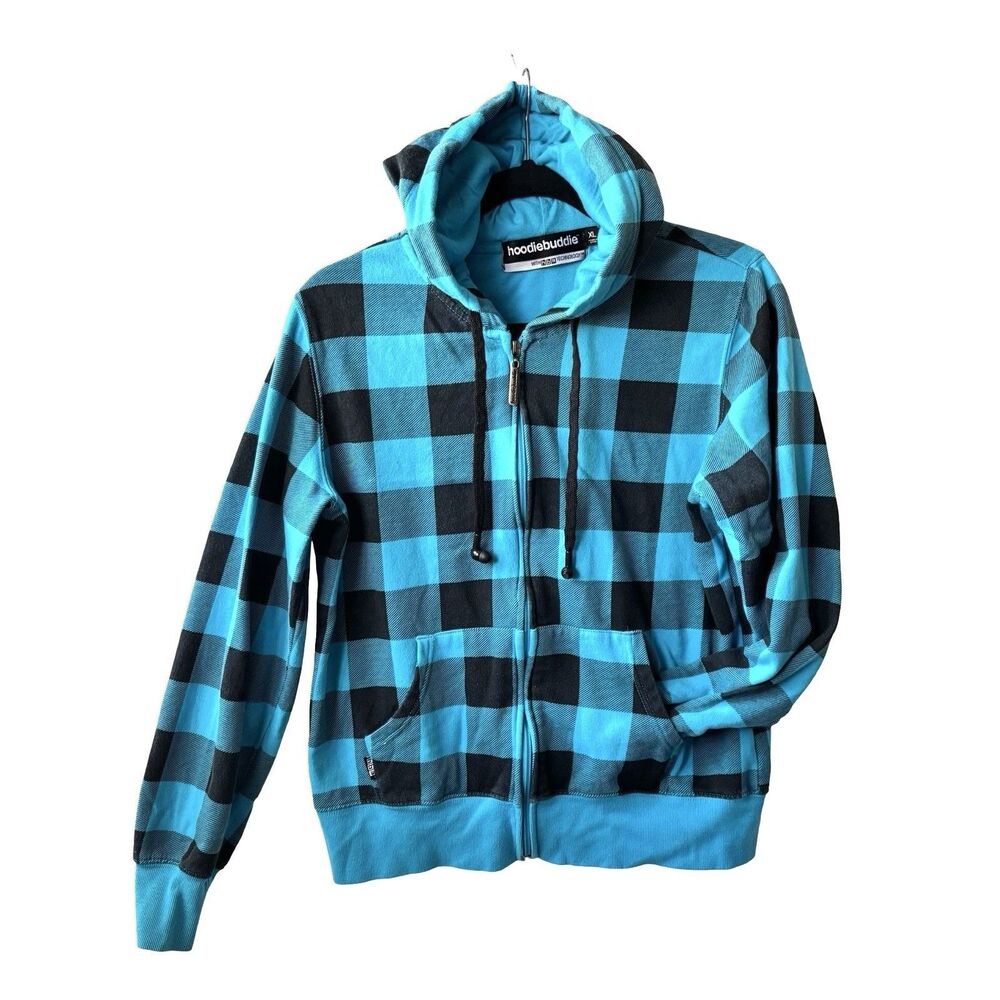Vintage Y2K 2000s Hoodiebuddies Grunge Goth Teal Black Plaid Zip Hoodie Size M